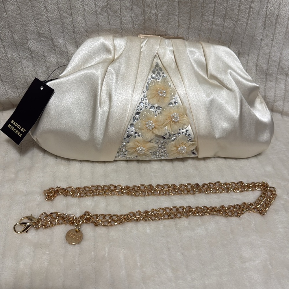Badgley Mischka Elegant Off White Satin Clutch Floral Embellished Evening Bag - Picture 12 of 15